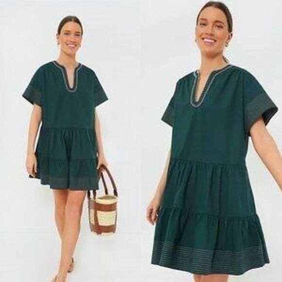 Source Unknown Dresses & Skirts - Pomander Place Kinsley Mini Dress XXL Green Tiered Cotton Tunic Embroidered Neck